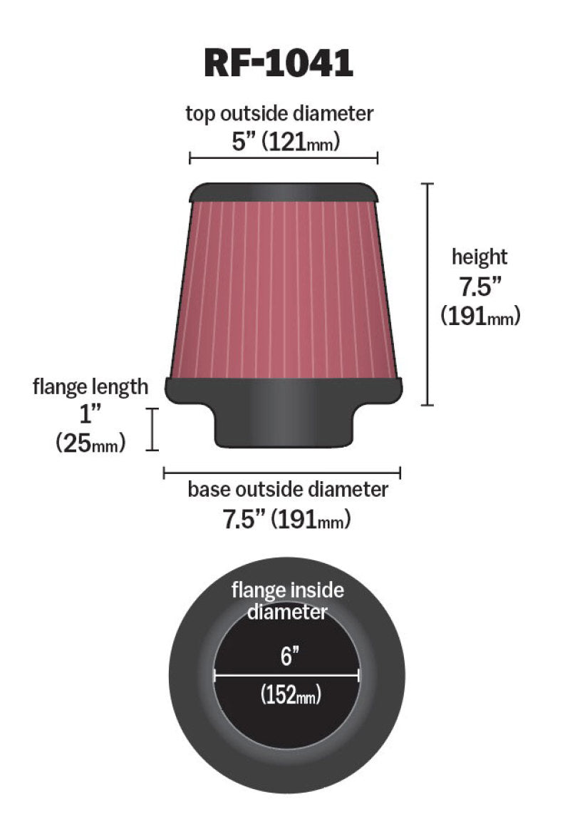 K&N Round Tapered Universal Air Filter 6 inch Flange 7 1/2 inch Base 5 inch Top 7 1/2 inch Height Secondary image
