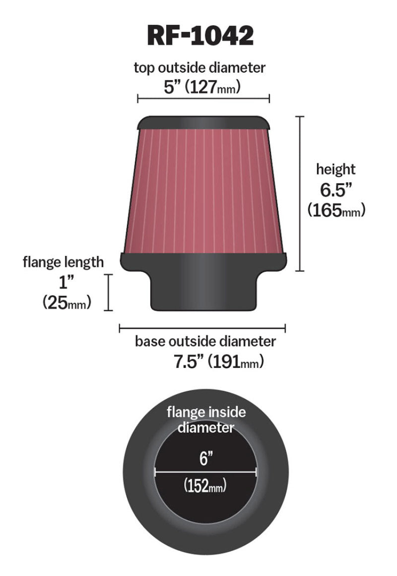 K&N Round Tapered Universal Air Filter 6in Flange ID x 7.5in Base OD x 5in Top OD x 6.5in Height Secondary image